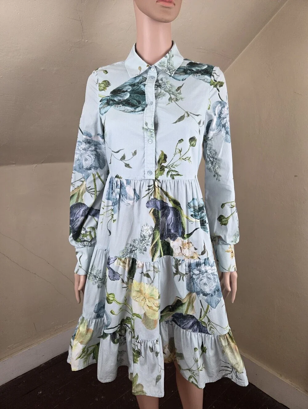 ERDEM‎ Abilene Floral Cotton Poplin Tiered Mini Shirt Dress Estimated Small